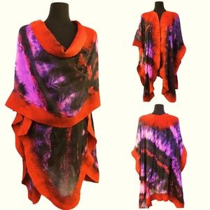 FELTED RED WOOL over BLK & Red Silk Butik Fabric Shawl/Wrap Handmade, Unique O/S